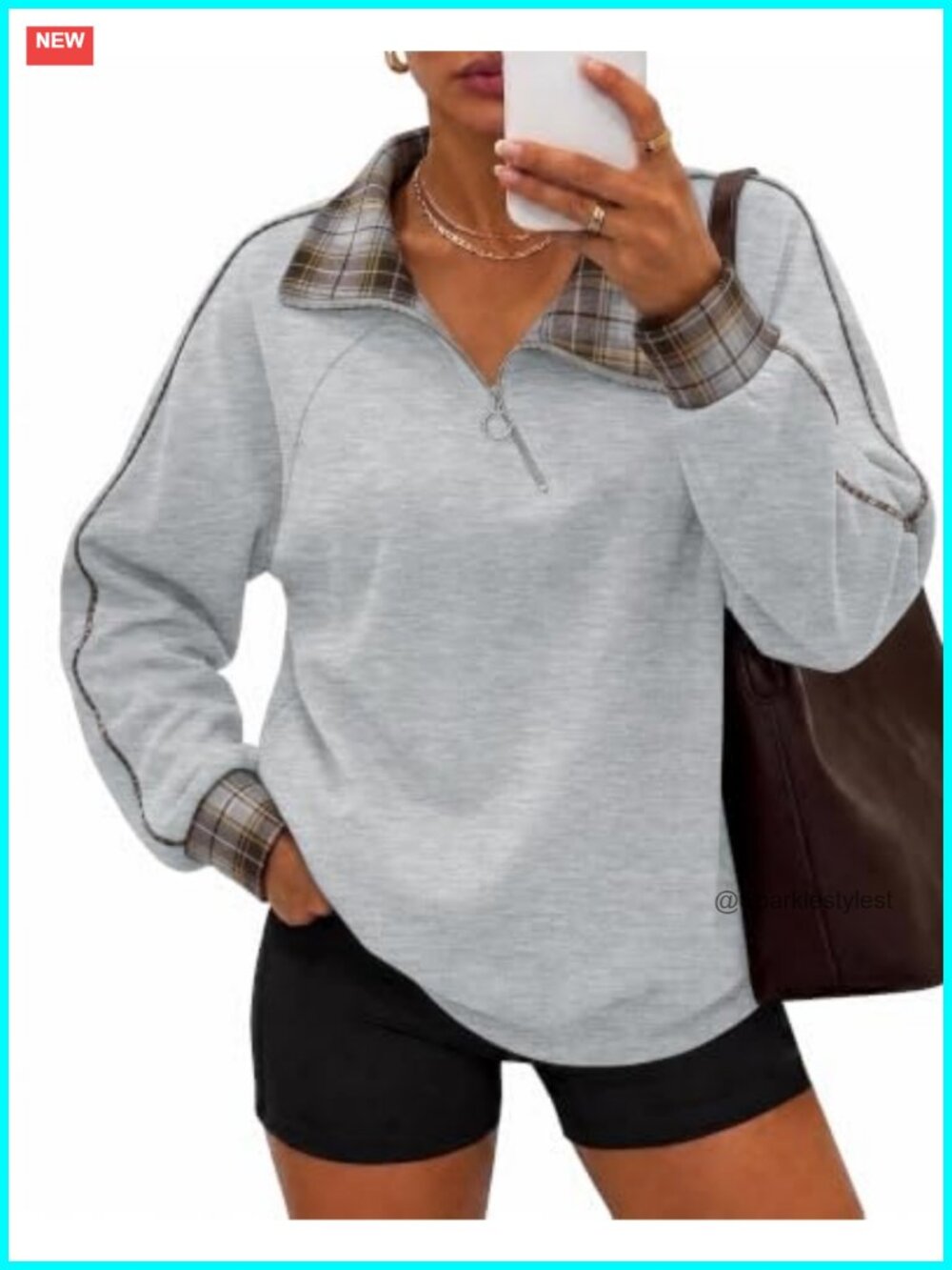 Womens Plaid V Neck Quarter Zip Tunic Sweatshirt Long Sleeve Pullover